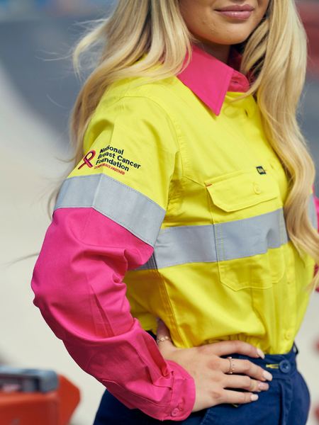 Bisley BL6696T Ladies Taped Hi Vis Lightweight Cotton Drill Shirt Yellow / Pink