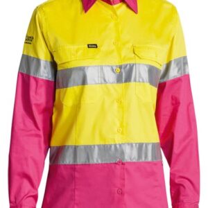 Bisley BL6696T Ladies Taped Hi Vis Lightweight Cotton Drill Shirt Yellow / Pink