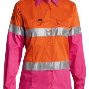 Bisley BL6696T Ladies Taped Hi Vis Lightweight Cotton Drill Shirt Orange / Pink