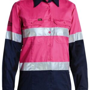 Bisley BL6896 Ladies Taped Hi Vis Lightweight Cotton Drill Shirt Pink / Navy