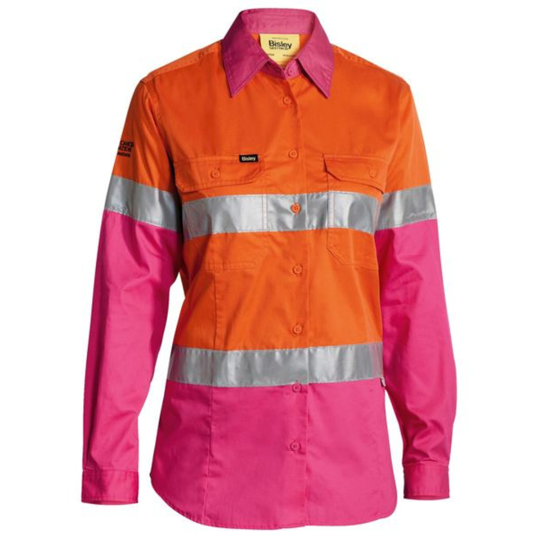 Bisley BL6696T Ladies Taped Hi Vis Lightweight Cotton Drill Shirt Orange / Pink