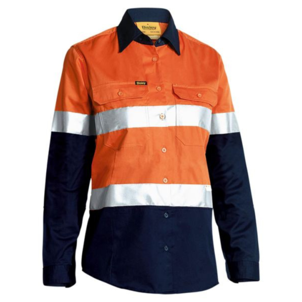 Bisley BL6896 Ladies Taped Hi Vis Lightweight Cotton Drill Shirt Orange / Navy