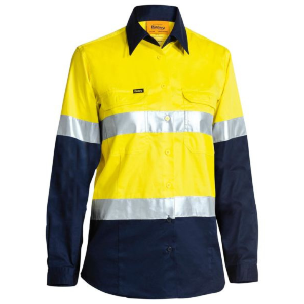 Bisley BL6896 Ladies Taped Hi Vis Lightweight Cotton Drill Shirt Yellow / Navy