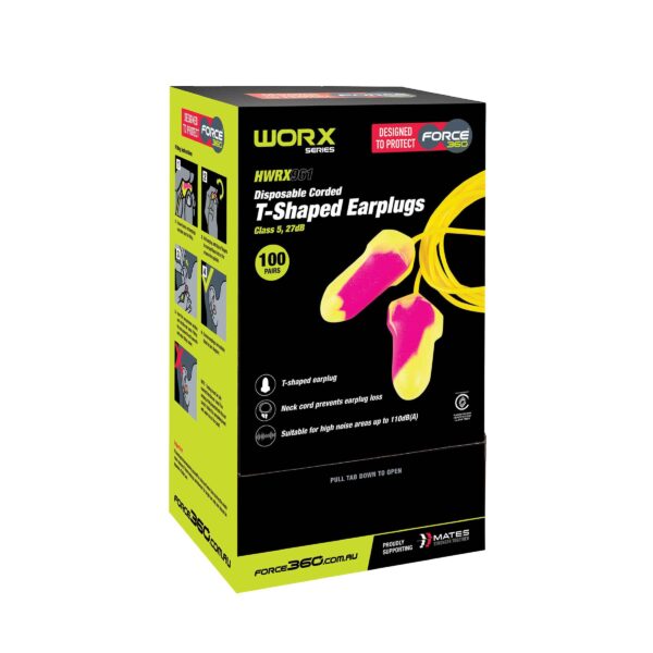 F360 T-Shaped Corded Disposable Earplug 100pk